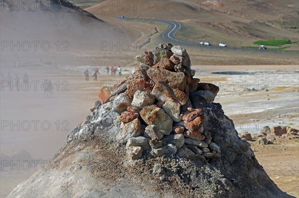 Steaming fumarole in the geothermal field in Namafjall, Myvatn, Iceland, Europe