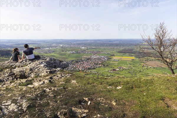 Breitenstein near Ochsenwang in spring, rocky outcrop of the Swabian Alb, 811 metre high rocky