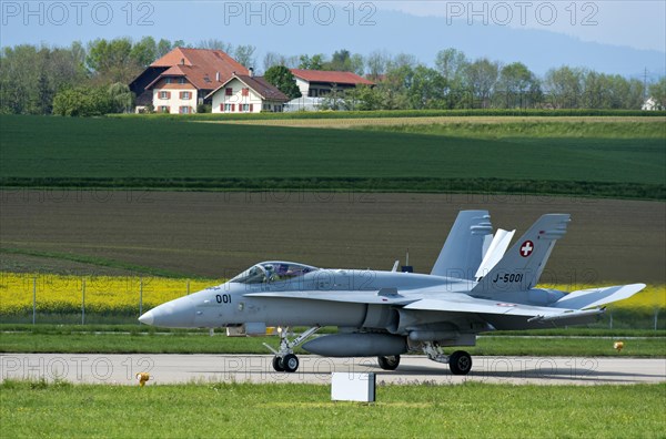 FA 18C Hornet multi-role fighter aircraft of the Swiss Air Force with air brake deployed during