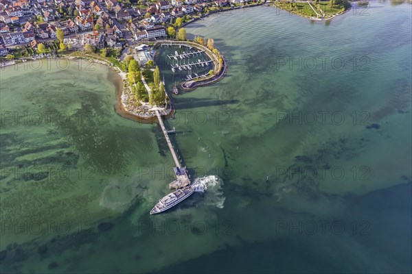Marina, landing stage with excursion boat SCHWABEN of the White Fleet, aerial view in spring,