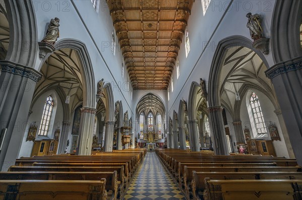 Nave with coffered ceiling, St Martin's Church, Kaufbeuern, Allgaeu, Swabia, Bavaria, Germany,