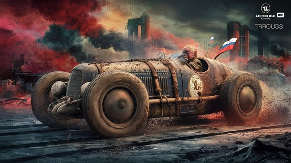 Dynamic image of a classic race car speeding along with vibrant, multicolored smoke in the