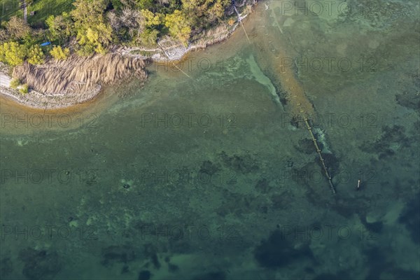 Flight in a zeppelin along the shore of Lake Constance, sewage pipe, aerial view, Immenstaad,