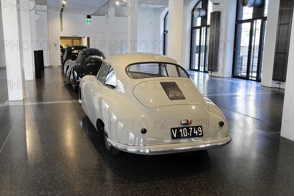 Rear view of a grey Porsche 356 Coupe in an exhibition hall, AUTOMUSEUM PROTOTYP, Hamburg,