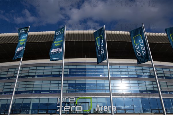 Exterior view, front, glass facade, logo, flags, PreZero Arena, Sinsheim, Baden-Wuerttemberg,