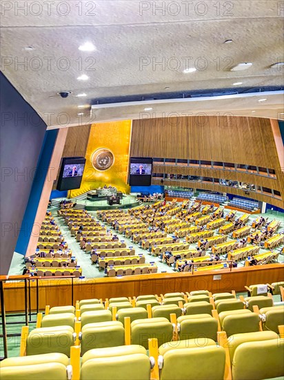 View from the visitors' gallery of the United Nations General Assembly Hall at the UN headquarters