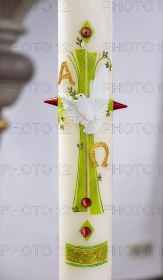 Easter candle from 2024 in the Protestant Reformed Church from 1401, Greetsiel, Krummhoern, East