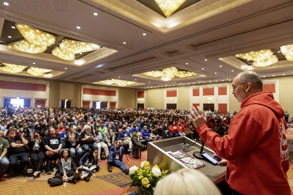 Chicago, Illinois, Shawn Fain, president of the United Auto Workers union, speaks at the conclusion