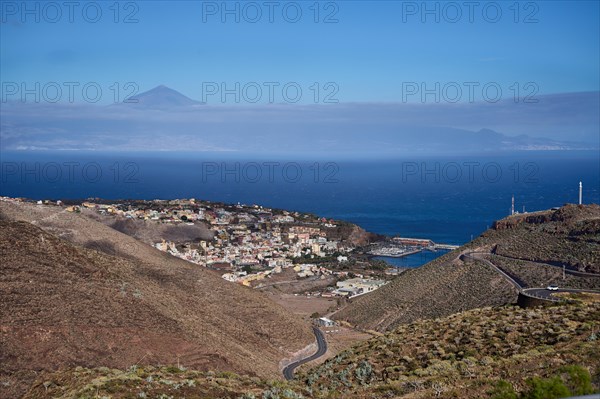 View of San Sebastian de la Gomera and Tenerife with the Teide from a viewpoint, La Gomera, Canary