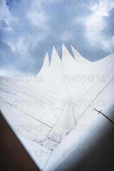 View of a futuristic-looking white tent roof against the sky, Tempodrom, Berlin, Germany, Europe
