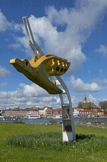 Figurehead of the training sailing ship Gorch Fock, viewpoint Schleibruecke, harbour, Kappeln,