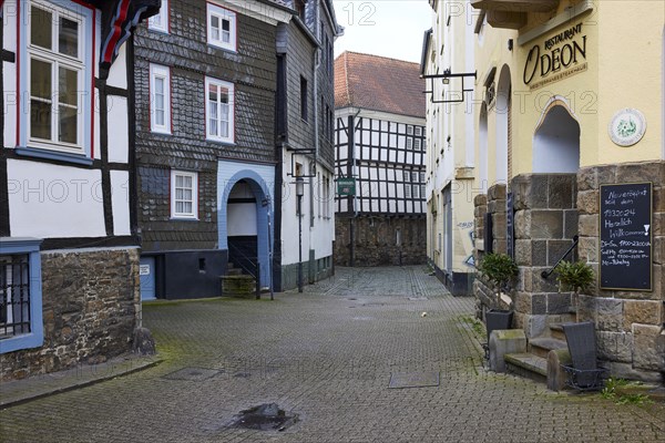 Entrance to the church square, Odeon restaurant and the rear of the historic town hall in