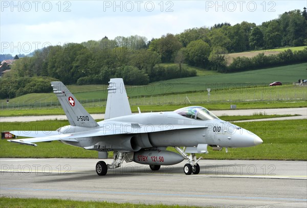 McDonnell Douglas FA 18C Hornet fighter aircraft of the Swiss Air Force taxied at Payerne military