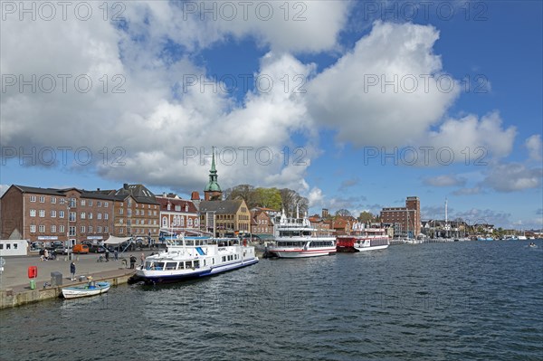 Church, building, excursion boats, clouds, harbour, Kappeln, Schlei, Schleswig-Holstein, Germany,