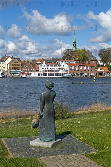 Statue, viewpoint Schleibruecke, church, excursion ship Schlei Princess, harbour, Kappeln, Schlei,