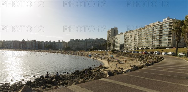 Montevideo, Uruguay, 11th January 2022, Beautiful sunset on Pocitos beach with bathers on a summer