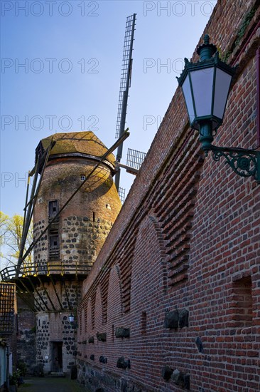 Town wall with mill tower of the historic windmill in Zons, Dormagen, Lower Rhine, North