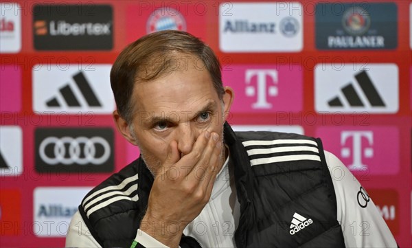 Coach Thomas Tuchel FC Bayern Munich FCB pensive, Press conference, PK, Allianz Arena, Munich,