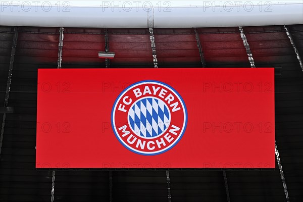 Interior view Allianz Arena, logo, FC Bayern Munich, FCB, scoreboard, Munich, Bavaria, Germany,