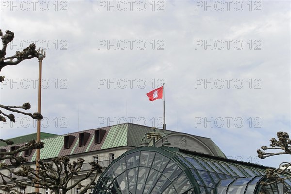 Hamburg City Hall and City Hall Market, Hamburg, Germany, Europe, Red flag flies on a building with