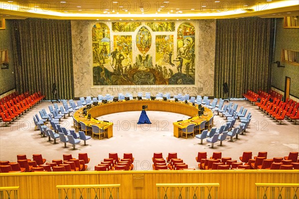 View from the visitors' gallery of the United Nations Security Council chamber at UN headquarters