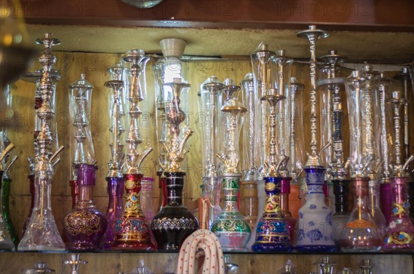 Tripoli, Lebanon, April 09, 2017: Shelf with traditional Arguiles (Narguile, Shisha, Chicha,