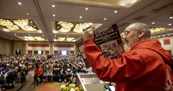 Chicago, Illinois, Shawn Fain, president of the United Auto Workers union, speaks at the conclusion