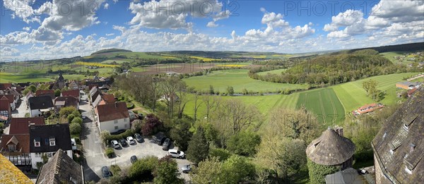 Panoramic view from large castle tower tower of 13th century castle today castle hotel Trendelburg