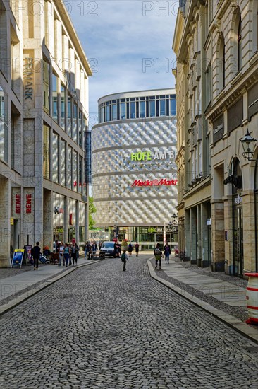 Hainstrasse and shopping centre Hoefe am Bruehl, called Blechbuechse, Leipzig, Saxony, Germany,
