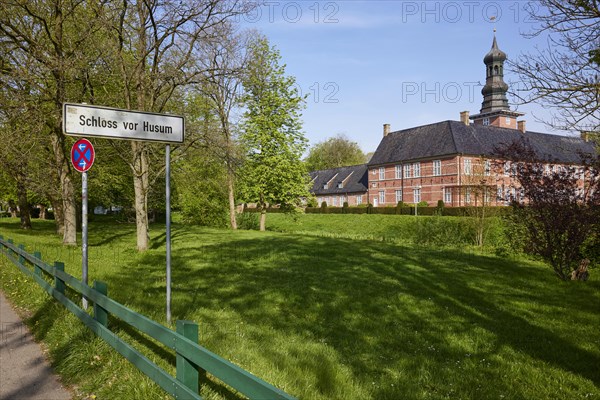 Castle in front of Husum with sign in Husum, North Frisia district, Schleswig-Holstein, Germany,