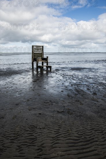 Sculpture on the beach and Wadden Sea, Throne, Artist Wilfried Gerdes, Dangast, Jade Bay, North