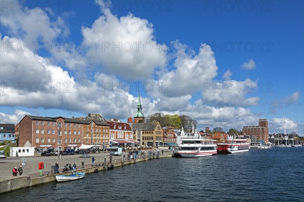 Church, building, excursion boats, clouds, harbour, Kappeln, Schlei, Schleswig-Holstein, Germany,