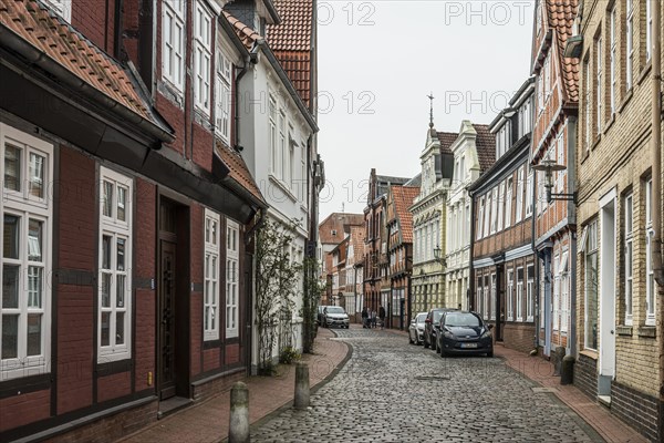 Half-timbered houses and alley in the old town, Buxtehude, Altes Land, Lower Saxony, Germany,
