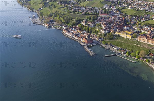 Zeppelin flight over Lake Constance, aerial view, Meersburg with castle, new castle, harbour and