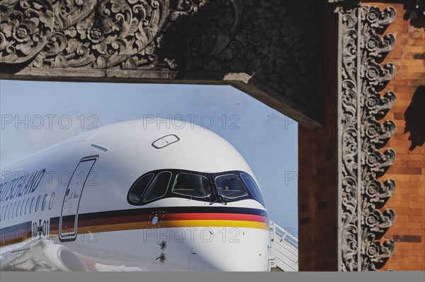 The government aircraft A350 stands during a refuelling stop at Denpasar airport, 02.05.2024.