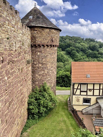 View of corner defence tower with shingles covered watchtower defence tower of medieval Trendelburg