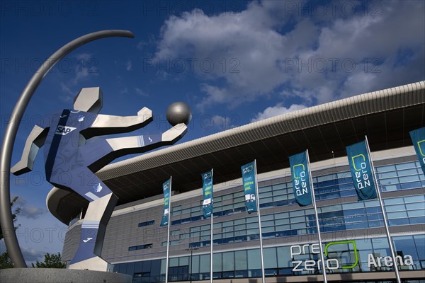 Exterior view, front, glass facade, logo, flags, PreZero Arena, Sinsheim, Baden-Wuerttemberg,