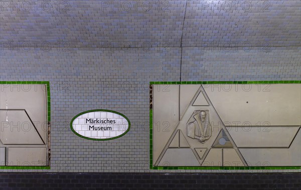 Interior photograph, wall mosaic, Maerkisches Museum underground station, Berlin, Germany, Europe