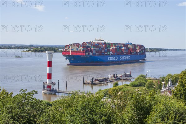 Cosco container ship and lighthouse on the Elbe, Blankenese district, Hamburg, Germany, Europe