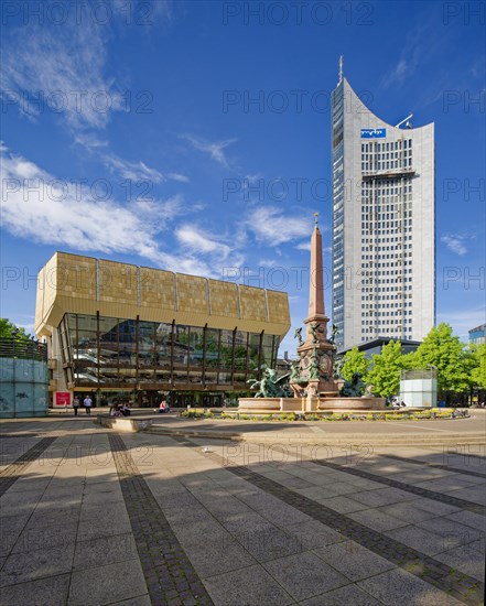Gewandhaus, Mendebrunnen and City-Hochhaus on Augustusplatz, Leipzig, Saxony, Germany, Europe