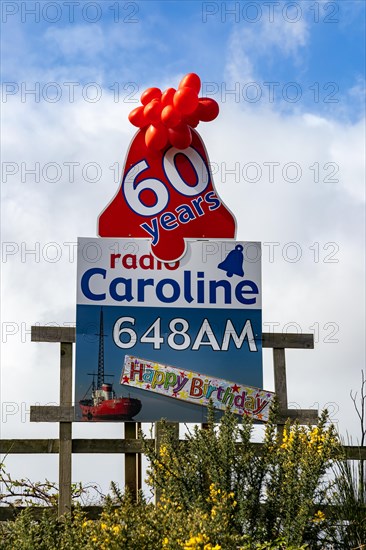 Radio Caroline pirate radio station 60 years old happy birthday balloons and poster, Suffolk,