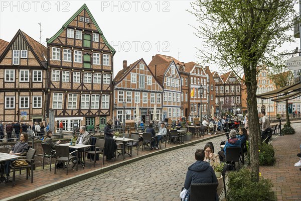 Half-timbered houses and restaurants in the old town, Buxtehude, Altes Land, Lower Saxony, Germany,