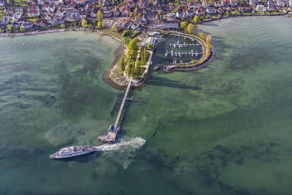Marina, landing stage with excursion boat SCHWABEN of the White Fleet, aerial view in spring,