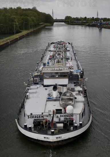 The motor tanker Wiki leaves the Wanne-Eickel lock system into the underwater, Rhine-Herne Canal,