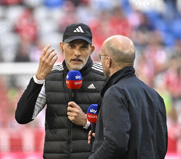 Coach Thomas Tuchel FC Bayern Munich FCB in an interview, microphone, mike, logo, with SKY