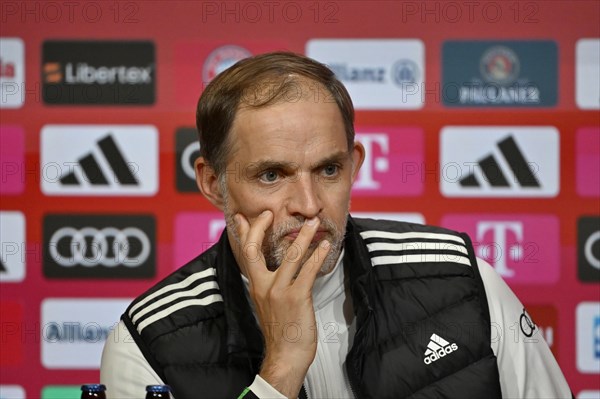 Coach Thomas Tuchel FC Bayern Munich FCB pensive, Press conference, PK, Allianz Arena, Munich,