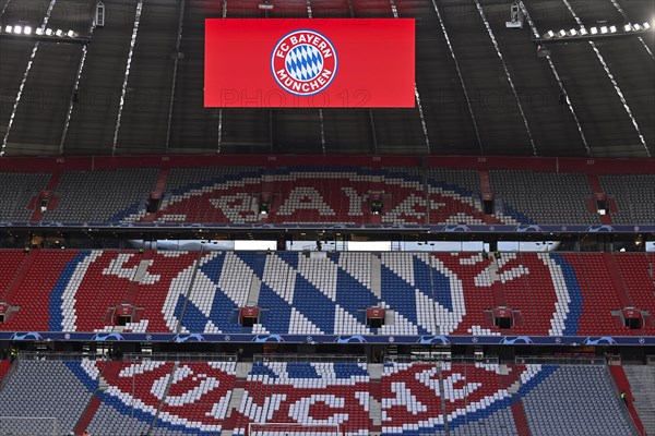 Interior view Allianz Arena, north curve, empty, logo, FC Bayern Munich, FCB, scoreboard, Munich,