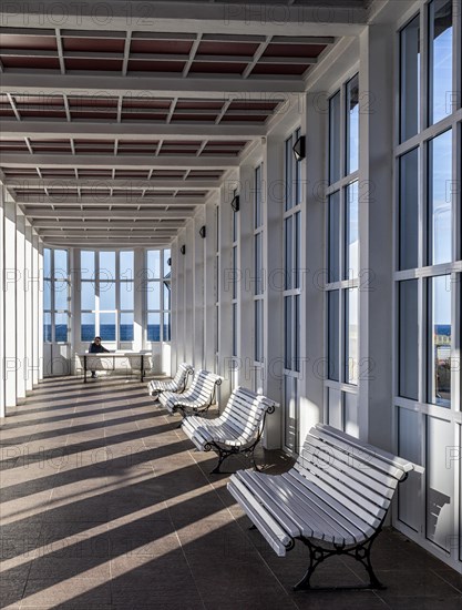 Benches under a balustrade on the Baltic Sea beach, Binz, Ruegen, Germany, Europe