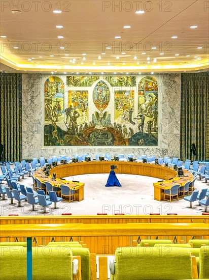 View from the visitors' gallery of the United Nations Security Council chamber at UN headquarters