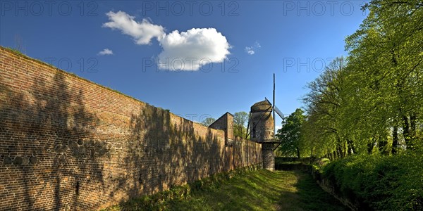 Town wall with mill tower of the historic windmill in Zons, Dormagen, Lower Rhine, North